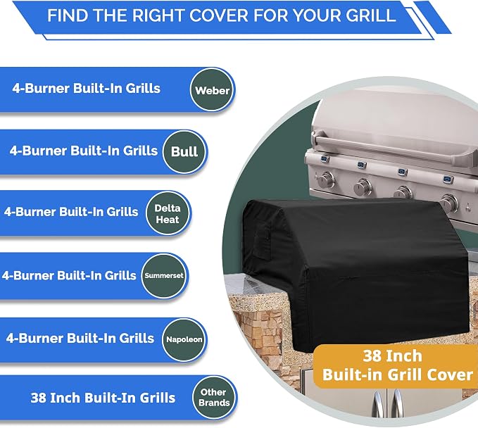 Covers & All Built-in Grill Cover for Outdoor Grill – Heavy Duty 12 oz Waterproof Built-in BBQ Grill Cover, PVC-Coated Polyester with Elastic Hem for Snug Fit (38 x 28 x 24 inches, Black)