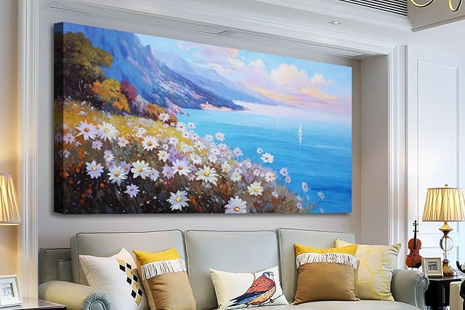 Anolyfi Coastal Landscape Wall Art Nature Flower Mountain Canvas Painting Blue