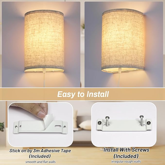 FINCMY Wall Sconce Light Plug in, Dimmable Sconces Wall Decor Set of 2