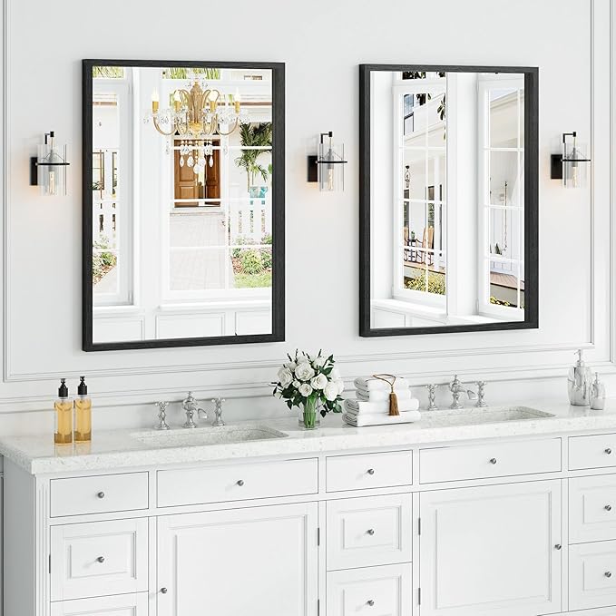 Syndra Black Wood Frame Bathroom Mirror, Waterproof Slim Deep Frame,