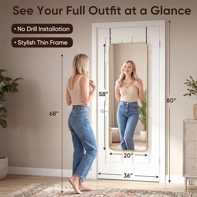 Antok 58"x20" Over the Door Mirror, Full Length Mirror Door Hanging
