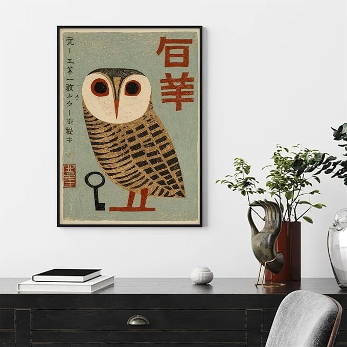 Vintage Japanese Black Framed Wall Art Owl Poster Mid Century Animal Print