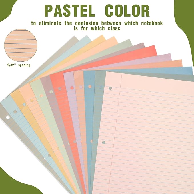 PerKoop 600 Sheets Colored Loose Leaf Paper 8.5" x 11" college ruled Lined 3 Hole Punched notebook Filler Paper for 3 Ring Binders Office School Supplies (Retro Color)