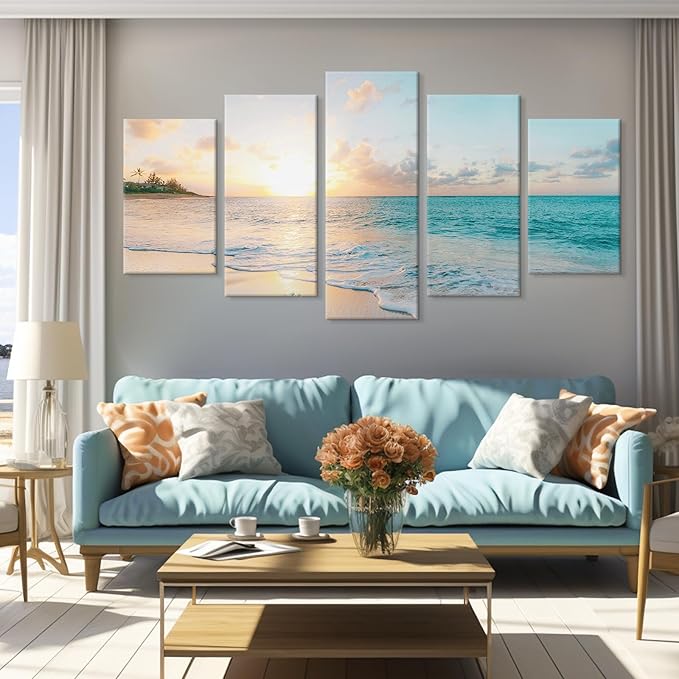 Goldfoilart 5 Pieces Beach Sunset Canvas Wall Art Blue Sea Prints Romantic