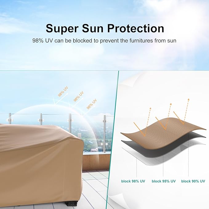 Patio Furniture Set Cover Waterproof, Heavy Duty Furniture Covers for Outdoor Sectional Sofa Set Wicker Rattan Table Chair Rectangular,124"L×71"W×29"H,Brown