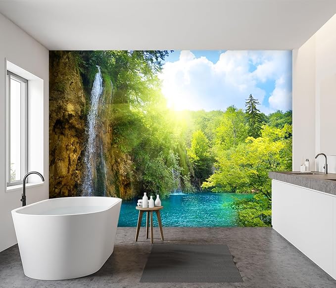 -Green Lake Waterfall Scenery Fabric Wallpaper Living Room Woodland Forest