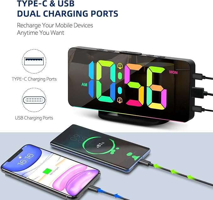 Digital Alarm Clock, Large LED Digital Clock for Bedrooms with 10 Color Changing Night Light, Adjustable Brightness, USB Charging Port, Bedside and Desk Clock for Living Room Office Decor (Black)