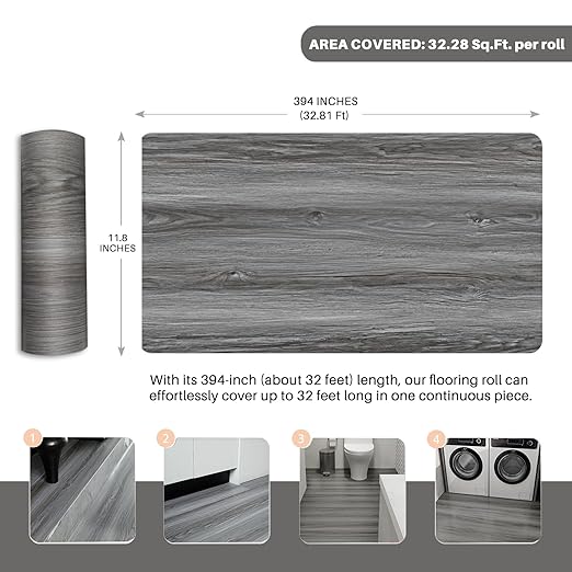 Wood Grain Peel and Stick Floor Tiles – 11.8” Width, Full Roll Length of 394" –