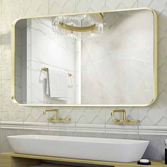 Large Gold Bathroom Mirror, Rounded Corner Rectangular Brushed Gold Frame