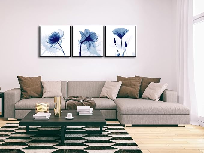 Wieco Art Framed Wall Art Blue Abstract Flowers 3 Panels Canvas Prints Home Art