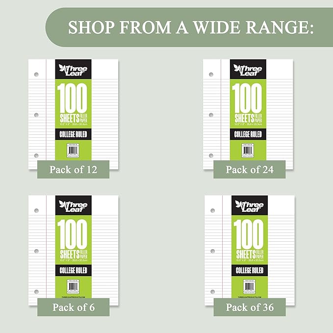 THREE LEAF 100 SHEETS COLLEGE RULED FILLER PAPER, PACK OF 12, LOOSE-LEAF SHEETS FOR SCHOOL AND OFFICE 100 CT. FILLER PAPER, NOTEBOOK PAPER