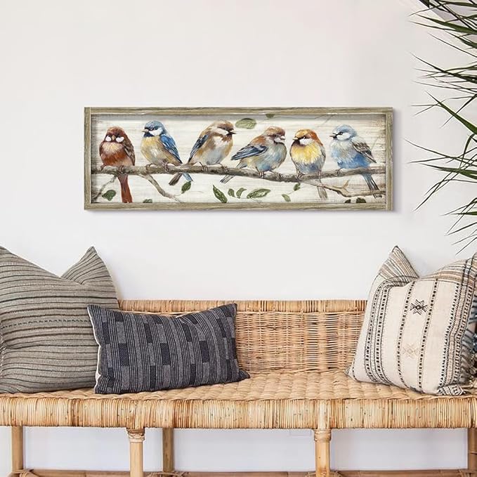 Colorful Bird Wooden Wall Art: Rustic Chickadee Framed Painting Vintage Cute Sparrow Picture Bluebird on Branch Prints Countryside Artwork Decor for Living Room Bedroom Farmhouse