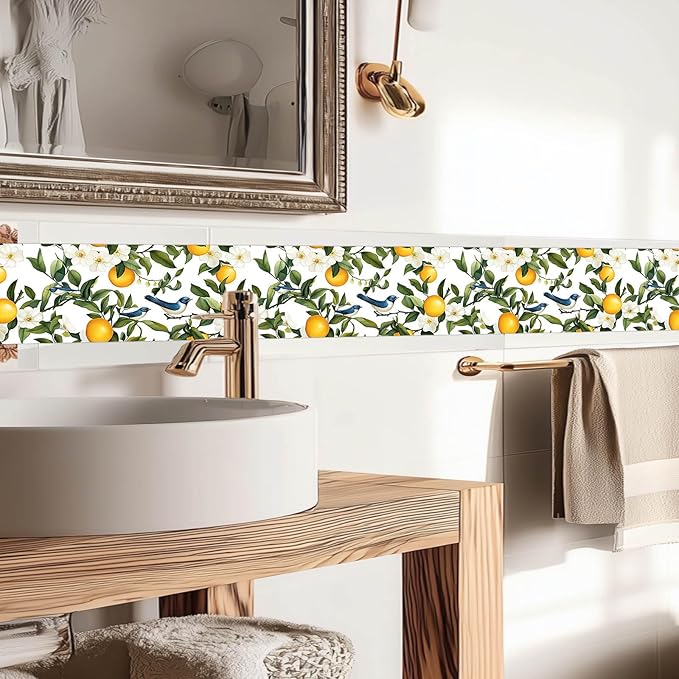 IVN Wallpaper Border Peel and Stick PVC Citrus Blossom and Bird Design 4x196