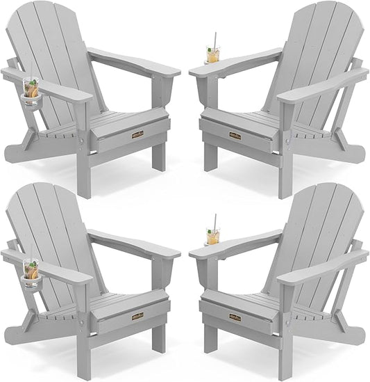 SERWALL Folding Adirondack Chair Set of 4, Weather Resistant HIPS Patio Chairs with Cup Holder for Garden Outdoors Fire Pit- Spanish Gray