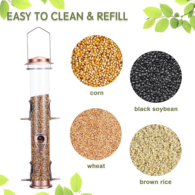 MIXXIDEA 1PK Metal Wild Bird Feeder,Squirrel Proof Bird Feeders for Outside,Hanging 6 Port Tube Bird Feeder,Finch Bird Feeder for Attracting Birds in Your Lawn, Garden, Balcony-Antique Copper