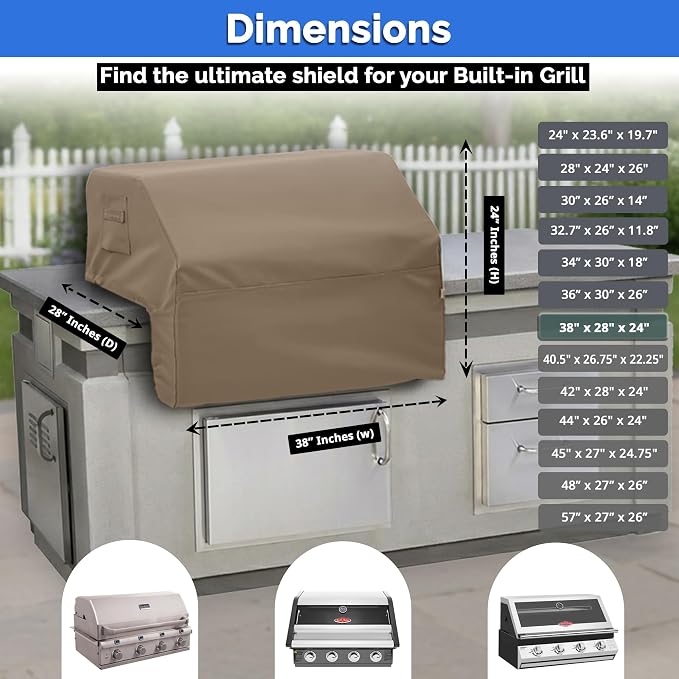 Covers & All Built-in Grill Cover for Outdoor Grill – Heavy Duty 12 oz Waterproof Built-in BBQ Grill Cover, PVC-Coated Polyester with Elastic Hem for Snug Fit (38 x 28 x 24 inches, Beige)
