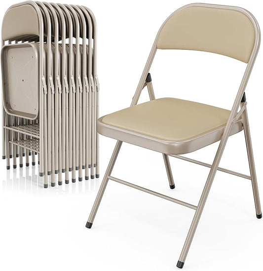 VINGLI 10 Pack Folding Chairs with Padded Seats, Metal Frame with Pu Leather Seat & Back, Capacity 350 lbs, Set of 10, Khaki