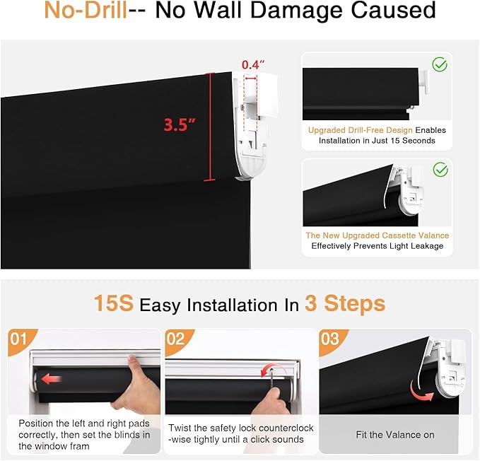 AOSKY No Drill Cordless Blackout Roller Shades