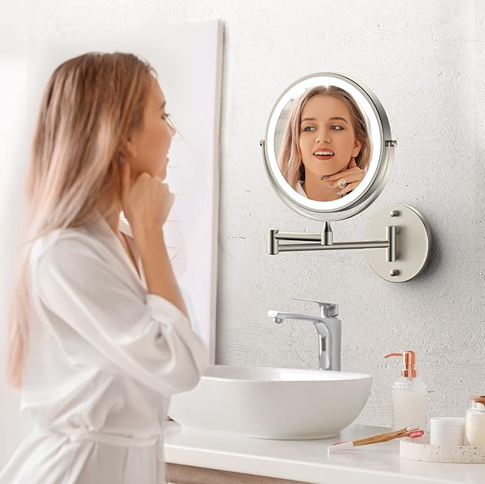 Rocollos 9" Wall Mounted Lighted Makeup Mirror, Large Double Sided 1X/10X