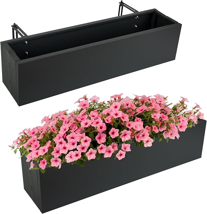 2 Pack Metal Railing Planter Box, 30 Inch Balcony Planters with Adjustable Brackets, Large Hanging Planters for Outdoor Fence Deck