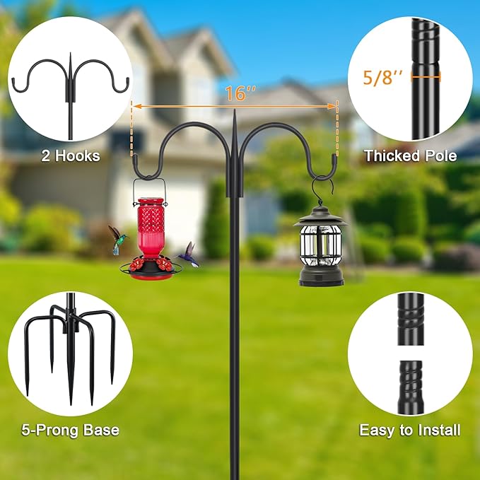 FEED GARDEN Heavy Duty Shepherds Hook 108" Double Hooks Adjustable (44/60/76/92/108") - Metal 5-Prong Base, 12lb Capacity - Easy Assembly Bird Feeder Pole for Hanging Planters, Lanterns, Wind Chimes