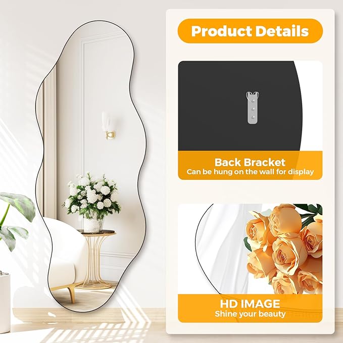 QDSSDECO Full Length Mirror 63"x24" Irregular Wall Mirror Cloud Frameless
