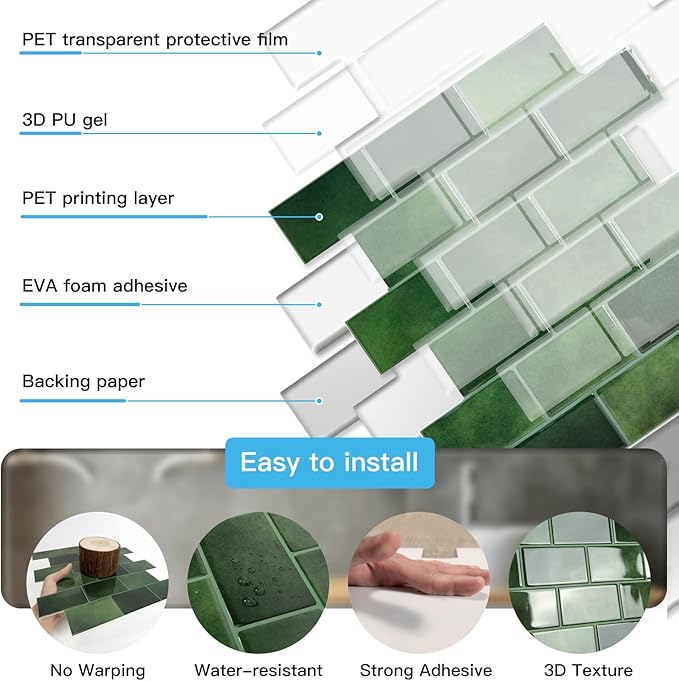 Art3d Peel and Stick Green Wall Tiles – 12"x12" Thicker Design Backsplash