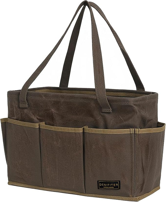 15.5-Inch Waxed Canvas Tool Bag - Foldable Open Top Heavy-Duty Multi-Purpose Wrench Pouch with Handle, Water-Resistant (Grey)