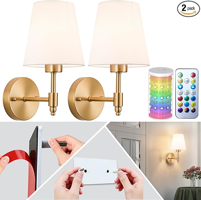 Peel and Stick Wall Sconces, Stick On Wall Sconce Set of 2, Battery Operated