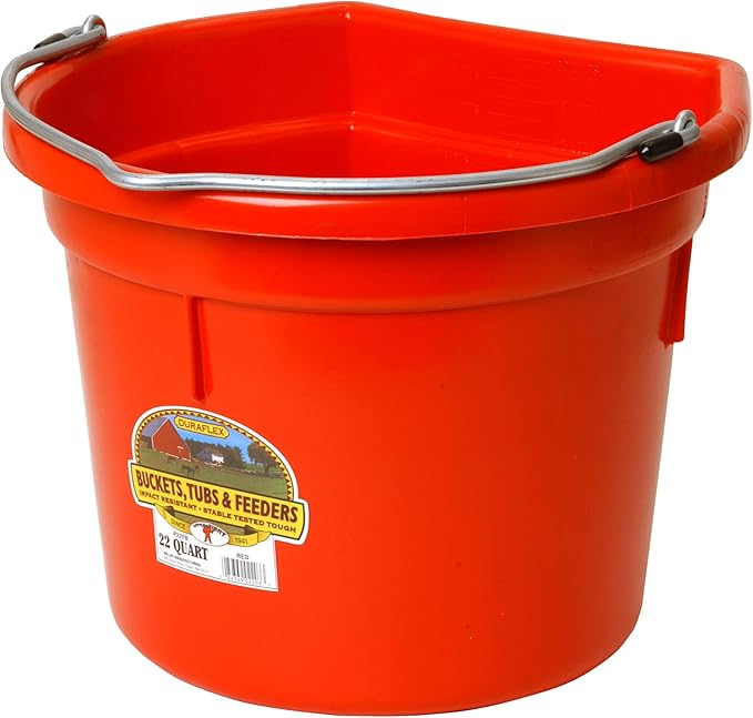 Little GiantÂ® Flat Back Plastic Animal Feed Bucket | Animal Feed Bucket with Metal Handle | Horse Feed & Water Bucket | 22 Quarts | Red