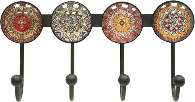 Coat Rack Wall Mounted with 4 Hooks, Round Brown Pattern Decorative Wall Hooks