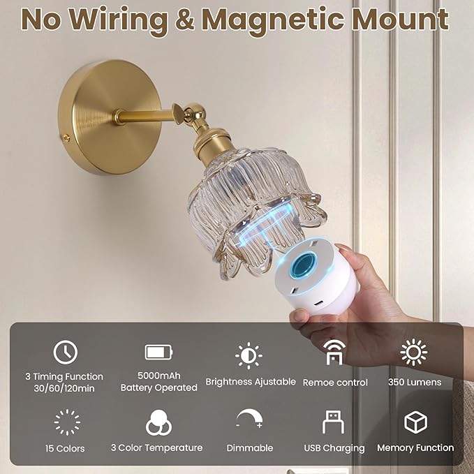 Vintage Battery Operated Wall Sconces - 5000mAh Rechargeable Dimmable Lights -