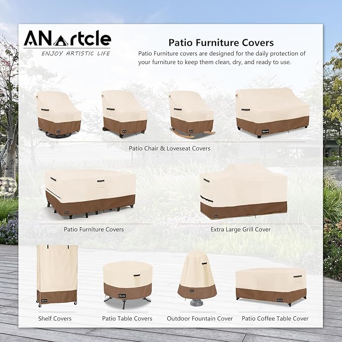 ANartcle Patio Furniture Covers 111L x 74W x 28H inch,600D Waterproof Heavy Duty Outdoor Furniture Covers,Outdoor Wicker Furniture Set with Swivel Patio Chairs General Purpose Furniture Cover,Beige