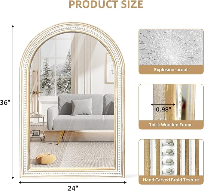 Reflinto 36x24 Inch Rustic Farmhouse Arched Wall Mirror, Distressed Wooden