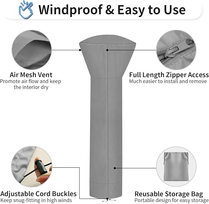 OutdoorLines Waterproof Outdoor Patio Heater Covers with Zipper and Storage Bag, Dust-proof UV-Resistant Windproof Propane Heavy Duty Heater Cover for Standing Heater, 1 Pack-89Hx33Dx19B inch Grey