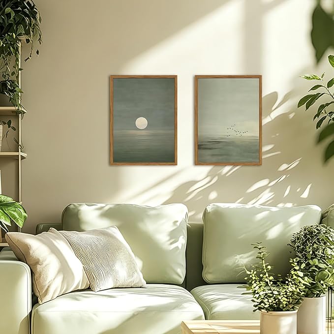 Framed Sage Green Japanese Canvas Wall Art Set of 2, Minimalist Moon and Birds