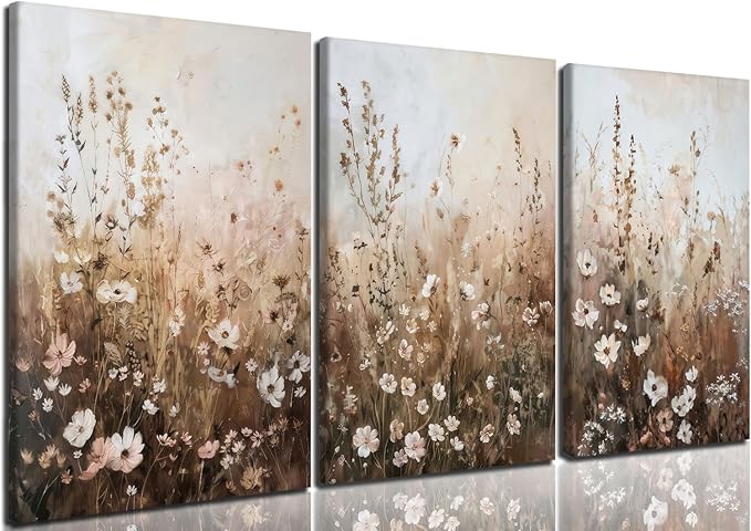 CHTEXA Wildflower Wall Art Canvas Set of 3, Rustic Neutral Botanical Prints