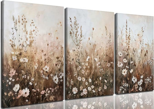 CHTEXA Wildflower Wall Art Canvas Set of 3, Rustic Neutral Botanical Prints