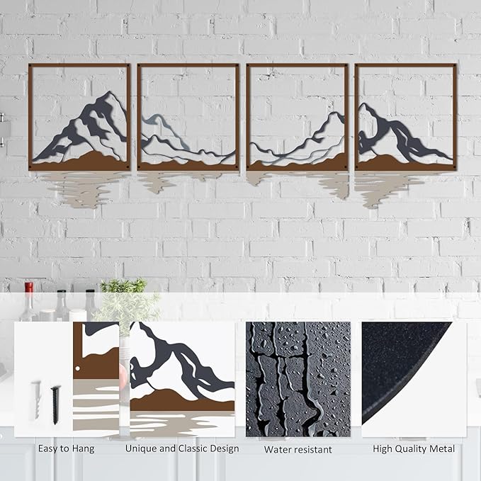 ESTART 4 Pcs Metal Mountain Wall Art, Large Mountains Wall Decor, Mountain Forest Decorative Painting Suitable For Living Room Bedroom Office Indoor And Outdoor (Mountains Rivers Large)
