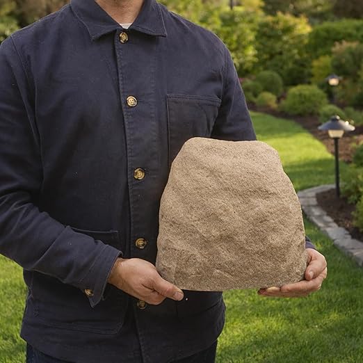 Small Fake Rock Cover 11” – Heavy Duty Fiberglass Landscape Rock for Sprinkler Valves & Utilities – Natural Sandstone