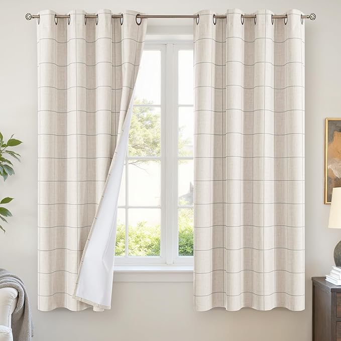 Lajode Grey Plaid Linen Blackout Curtains