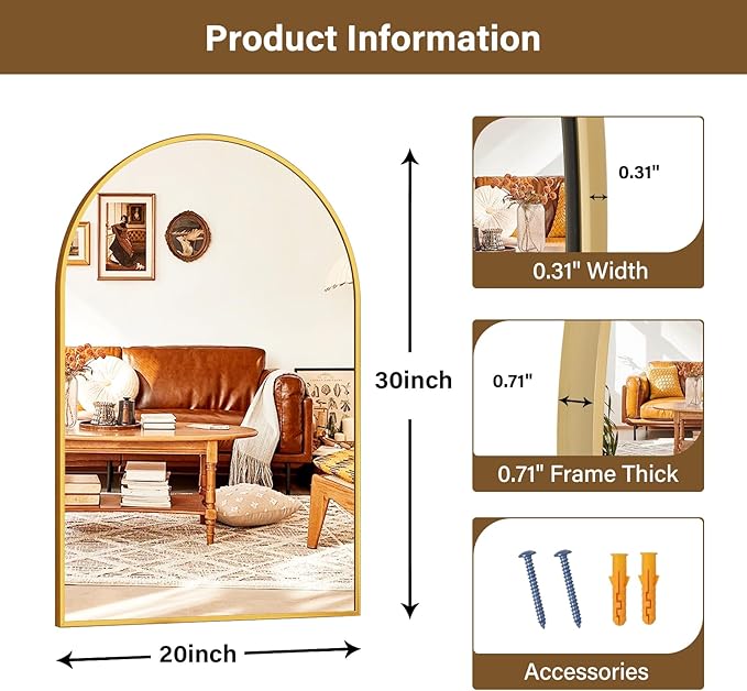 XRAMFY 20"x30" Gold Arched Bathroom Mirror