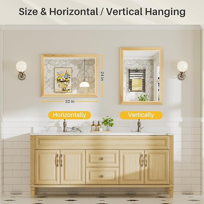 24x32 Inch Bathroom Mirror for Wall, Anti-Rust Oak Wood Grain Metal Framed