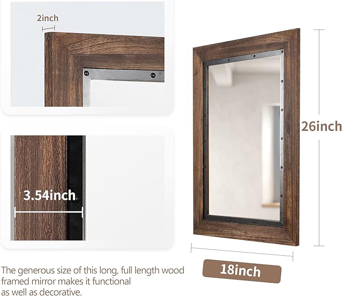 YOSHOOT Rustic Wooden Framed Wall Mirror, Natural Wood and Iron Bathroom Vanity