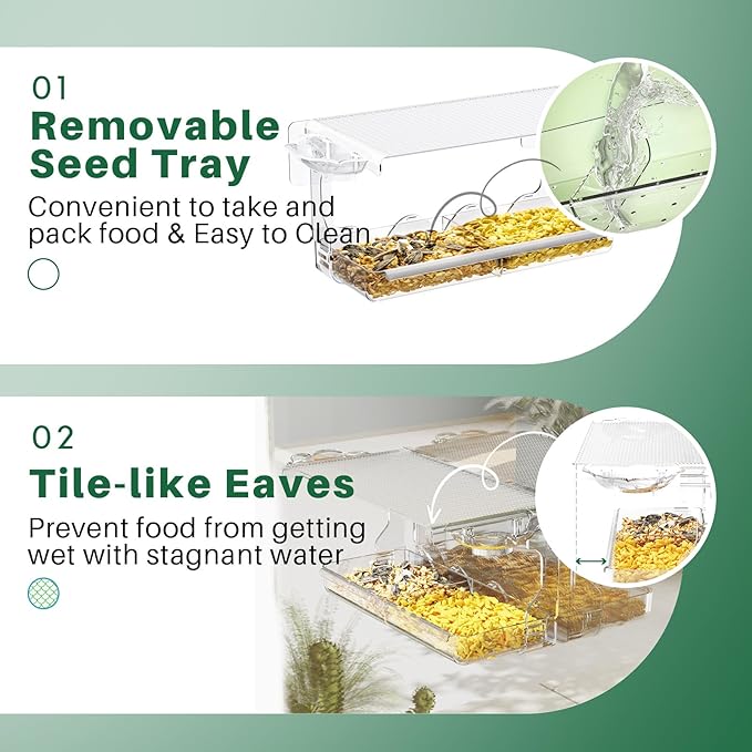 SUNALLY Window Bird Feeder for Outdoors, Clear Wild Bird Feeders Window Mounted with Self-Adhesive Hooks, Outside Hummingbird, burd, Oriole, Finch Bird Watching for Garden, Yard, Elderly Kids Viewing