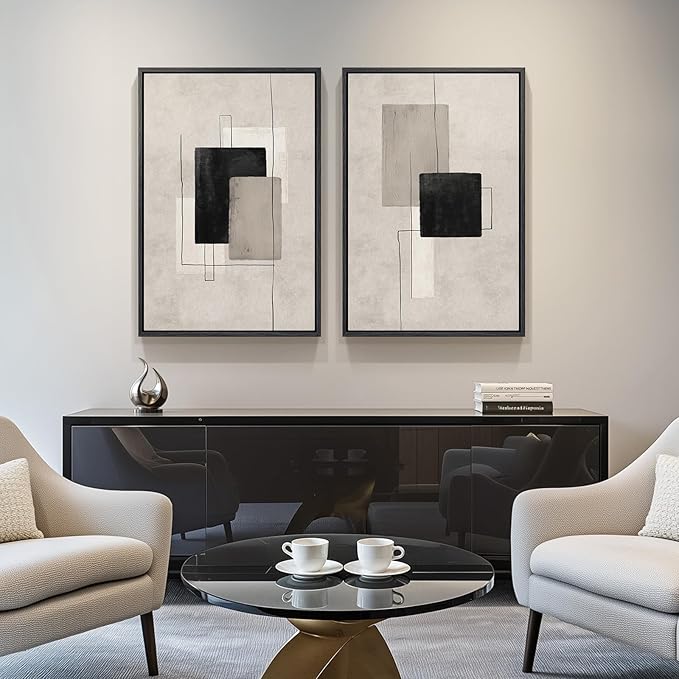 Large Framed Neutral Abstract Wall Art Set of 2, Minimalist Block Lines Pictures