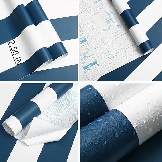 Guvana 118"x17.7" Blue and White Striped Contact Paper Navy Blue Peel and Stick