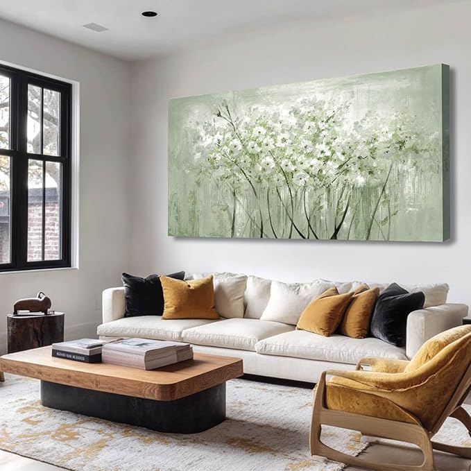 MLART99 Green and White Wall Art Home Decor Wildflower Wall Decorations Canvas