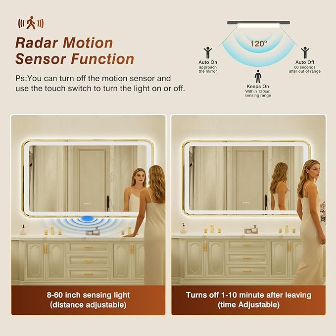 32x55 Inch Gold Framed LED Bathroom Mirror