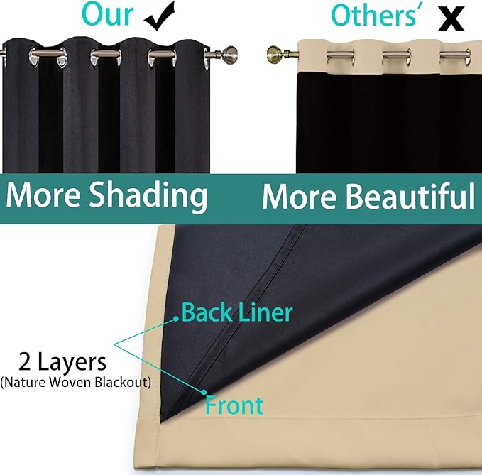 Yakamok Beige 100% Blackout Curtains, Thermal Insulated Total Blackout Drapes